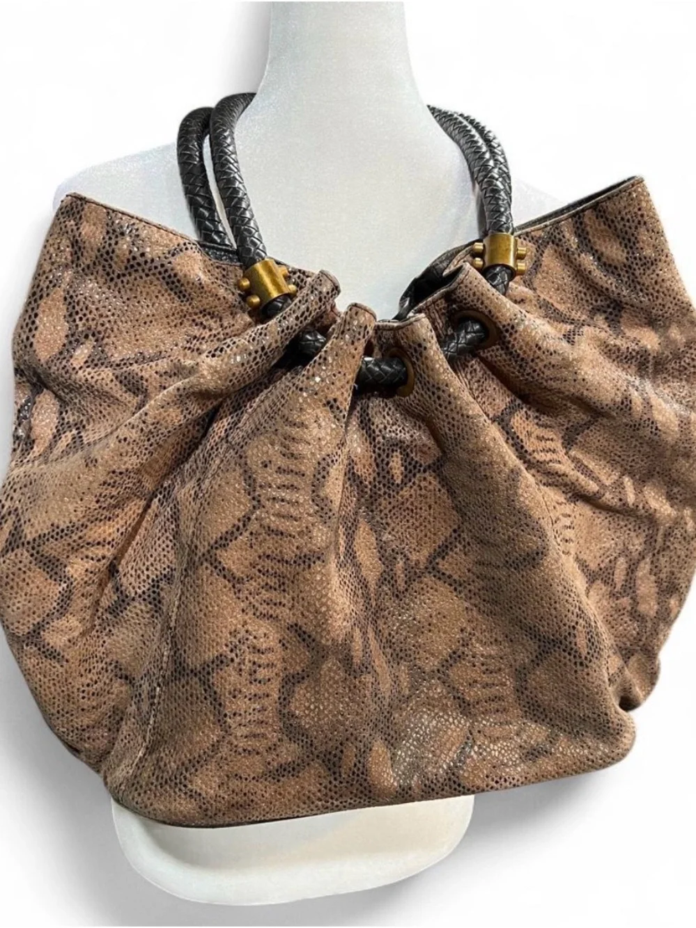 Vintage Y2K Sharif Brown Snake-Print Hobo Bag with Braided Handles